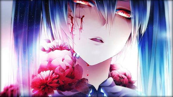anime, dziewczyny anime, Vocaloid, Hatsune Miku, niebieskie włosy, płacz, czerwone oczy, kwiaty, długie włosy, Tapety HD HD wallpaper