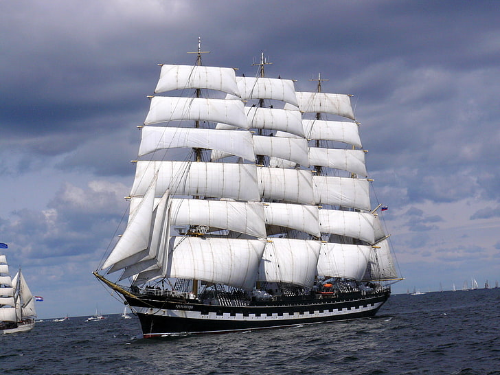 เรือใบสีดำและสีขาวภาพถ่ายเรือ Kruzenshtern แล่นเรือใบ, วอลล์เปเปอร์ HD