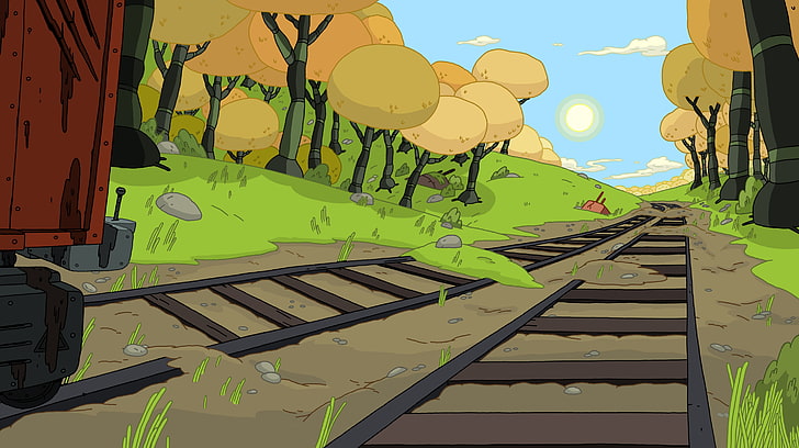 braune und schwarze Zugschienenillustration, Abenteuer-Zeit, Karikatur, HD-Hintergrundbild