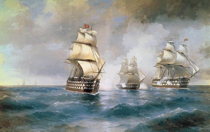 three white-and-brown flagship illustration, Sea, Picture, Ships, Painting, Aivazovsky, HD wallpaper