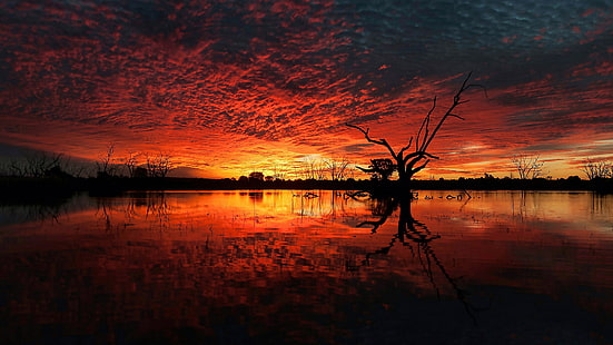 reflexión, lago, puesta del sol, cielo rojo, resplandor crepuscular, paisaje, horizonte, anochecer, tarde, Fondo de pantalla HD HD wallpaper