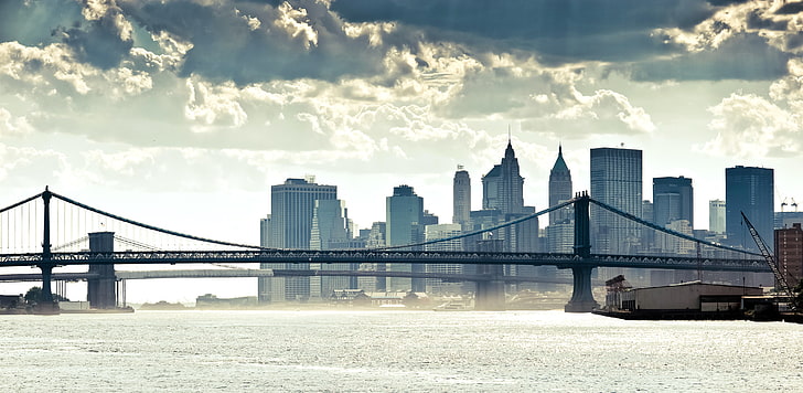 grå bro, new york, manhattan, panorama, flod, bro, HD tapet