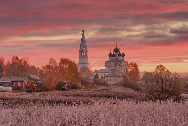 outono, grama, árvores, paisagem, natureza, casa, manhã, aldeia, templo, a torre do sino, Maxim Evdokimov, HD papel de parede