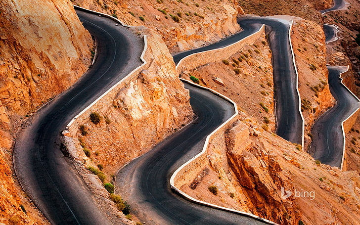 road, rock, landscape, stones, Atlas Mountains, Morocco, orange, asphalt, mountains, HD wallpaper