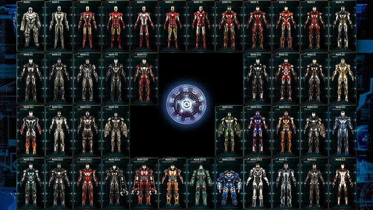 коллаж костюма Железного Человека разных цветов, Железный Человек, Вселенная Marvel Cinematic, HD обои