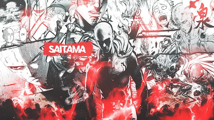 collage, testo, manga, One-Punch Man, Saitama, Sfondo HD