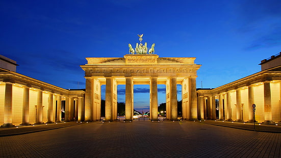 небо, огни, вечер, ворота, германия, берлин, столица, бранденбург, HD обои HD wallpaper