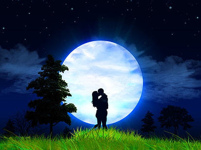 Лунна любов, целувка на мъж и жена, любов, красива, луна, пасища, нощ, двойка, целувка, HD тапет HD wallpaper