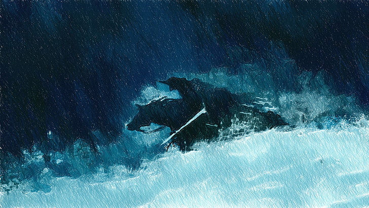 homme promenades à cheval peinture, oeuvre d'art, cheval, art fantastique, pluie, neige, Fond d'écran HD