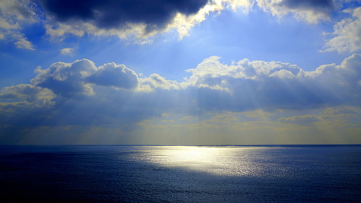 sky, cloud, sunlight, sunray, ocean, water, horizon, waterscape, HD wallpaper