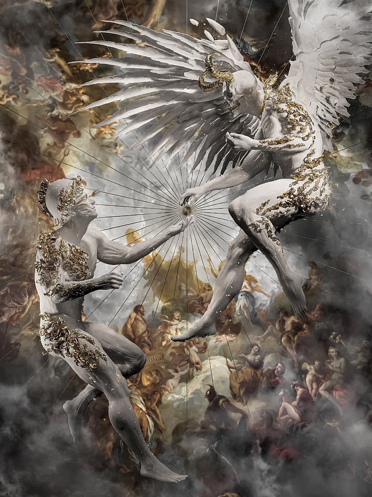 muhju, Heaven and Hell, angel, war, digital art, illustration, HD wallpaper