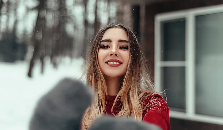 Winter, Blick, Schnee, Lächeln, Haare, Mädchen, Pullover, Sasha Rusko, Elena Maleeva, HD-Hintergrundbild