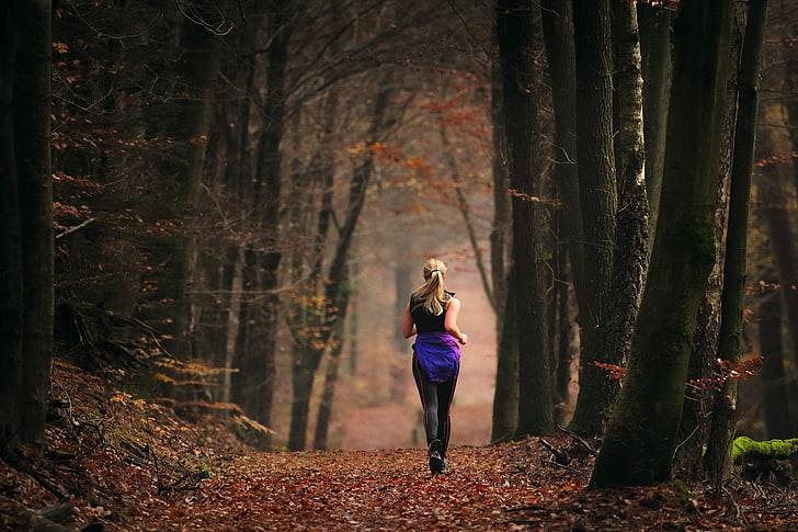 running, women, sports, forest, HD wallpaper