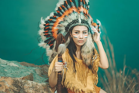 Kobiety, Rdzenni Amerykanie, Azjaci, Brązowe oczy, Pióro, Dziewczyna, Modelka, Kobieta, Tapety HD HD wallpaper