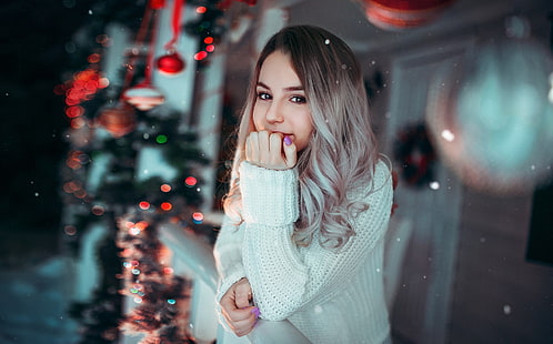 women's white cable knitted sweater, woman wearing white knit sweater standing near hand rail, women, model, portrait, looking at viewer, bokeh, brunette, white sweater, brown eyes, balcony, women outdoors, snow, finger on lips, painted nails, photography, HD wallpaper HD wallpaper
