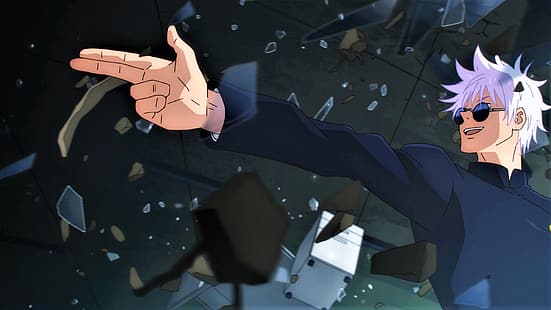Jujutsu Kaisen, Satoru Gojo, cabelo branco, óculos, Mãos, uniforme, Anime, sorridente, Captura de tela do anime, Meninos anime, vidro, HD papel de parede HD wallpaper