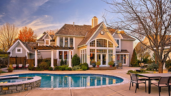 บ้าน, สระว่ายน้ำ, สนามหลังบ้าน, สวน, ตก, วอลล์เปเปอร์ HD HD wallpaper