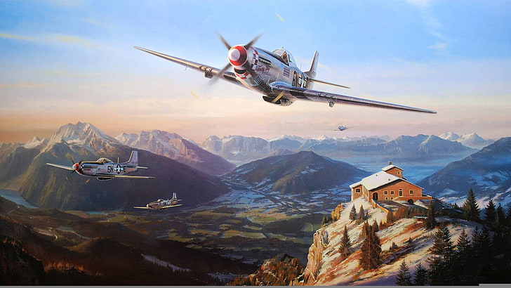 grey US fighter planes painting, figure, art, Nicolas Trudgian, North American P-51 Mustang, Mustangs Over the Eagles Nest, HD wallpaper
