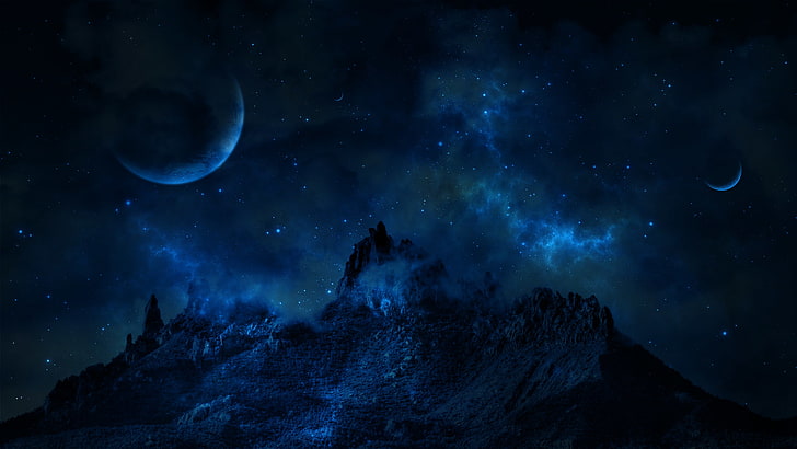black rocky mountain digital wallpaper, space, stars, planet, Mountain, HD wallpaper