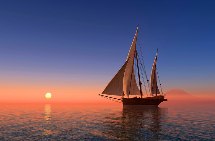 barca a vela bianca e marrone, mare, cielo, sole, alba, costa, nave, barca a vela, orizzonte, grafica 3D, Sfondo HD