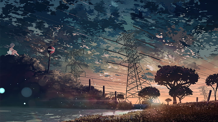 transmission tower, anime, artwork, power lines, sunset, clouds, utility pole, trees, HD wallpaper