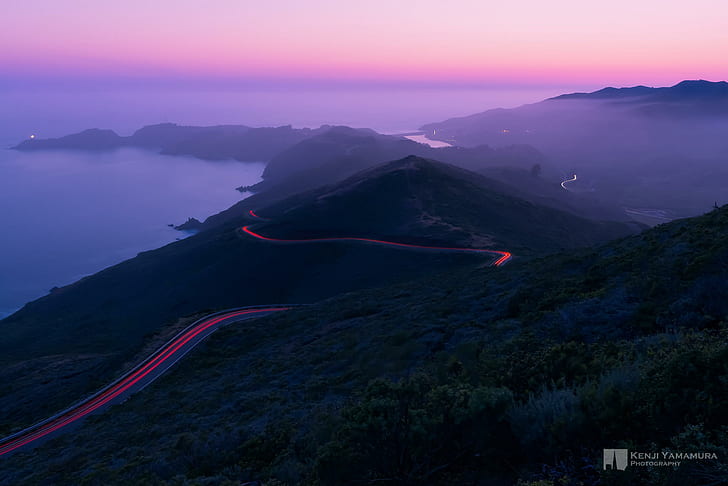 road, mountains, lights, fog, twilight, photographer, Kenji Yamamura, HD wallpaper