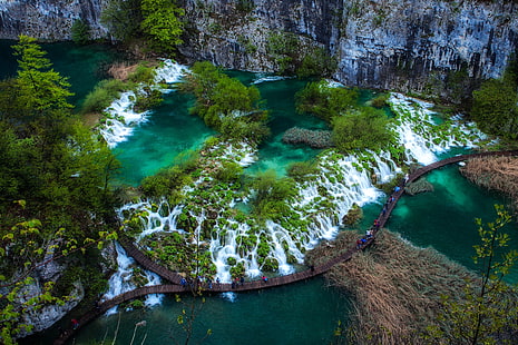 хърватия, национален парк плитвички езера, водопади, храсти, хора, скали, природа, HD тапет HD wallpaper