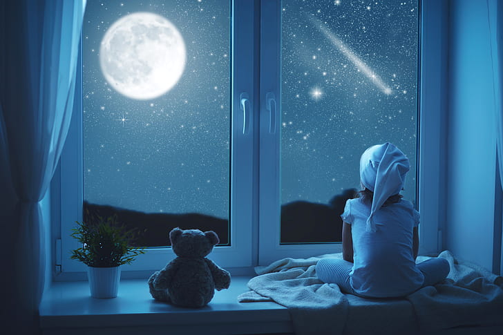 night, the moon, child, window, bear, girl, sitting, HD wallpaper