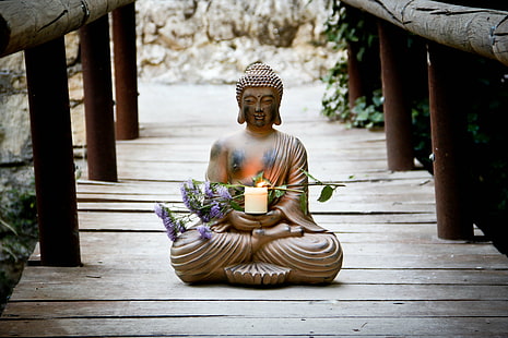 ?Pace con te stesso ?, meditazione, fiori, ponte, candela, buddha, fresco, Sfondo HD HD wallpaper