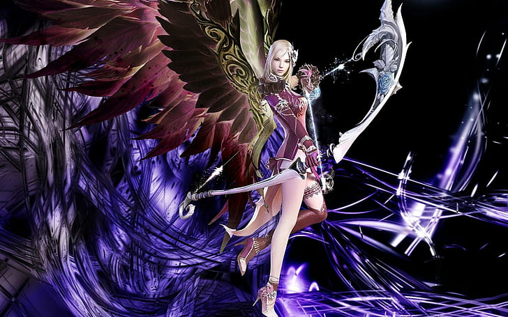 L2 Elf Archer, femme aux cheveux blancs avec illustration d'ailes, aile, archer, lignée 2, ange, belle, jeux, Fond d'écran HD