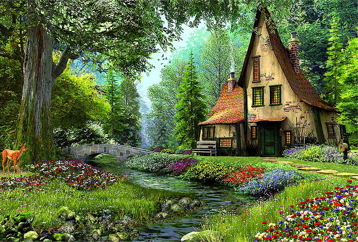 Artistic, Painting, Bridge, Deer, Fairy Tale, Flower, House, Magical, River, Spring, Tree, HD wallpaper