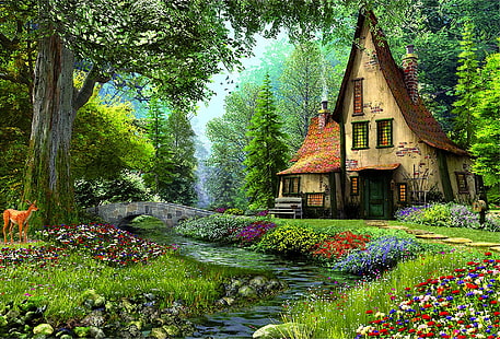 Artistic, Painting, Bridge, Deer, Fairy Tale, Flower, House, Magical, River, Spring, Tree, HD wallpaper HD wallpaper