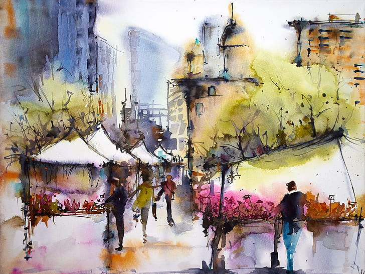 City, March, spring, people, house, watercolor, market painting, City, March, Spring, People, House, Watercolor, HD wallpaper