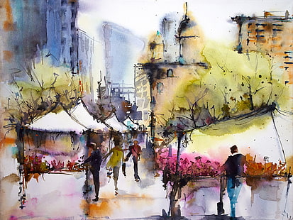 City, March, spring, people, house, watercolor, market painting, City, March, Spring, People, House, Watercolor, HD wallpaper HD wallpaper