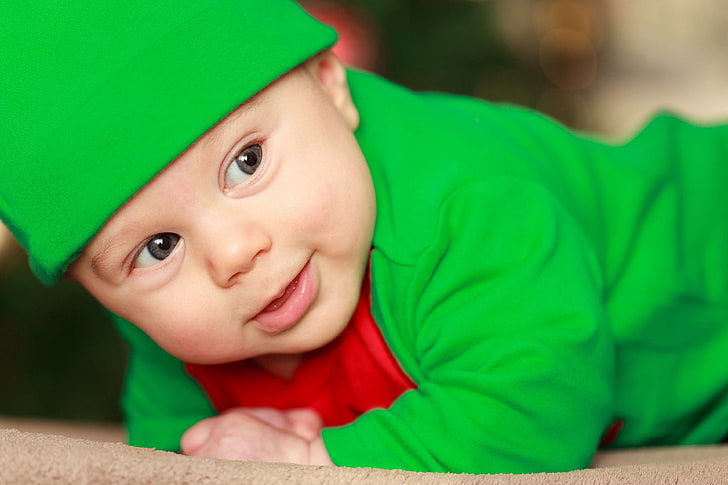 아기, 남자 아기, 어린이, 크리스마스, 닫다, 복장, 귀여운, 12 월, 엘프, 얼굴, 녹색, 행복, 순진한, 사람, 미소, 크리스마스, HD 배경 화면