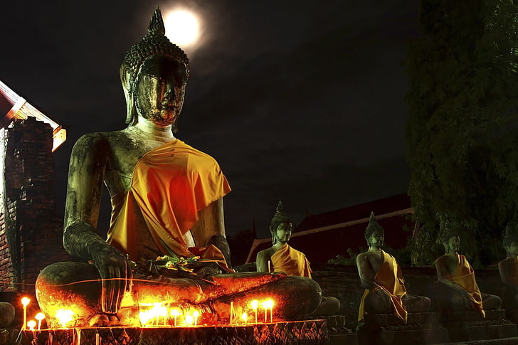 Budda, Tajlandia, mnisi, ciemność, noc, świece, Tapety HD