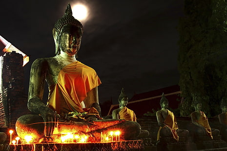 Buddha, Thailand, Mönche, Dunkelheit, Nacht, Kerzen, HD-Hintergrundbild HD wallpaper