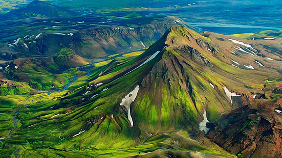 landsacpe, планини, зелен, трева, природа, хълмове, реки, планински пейзаж, планина, пейзаж, Исландия, долина, HD тапет HD wallpaper