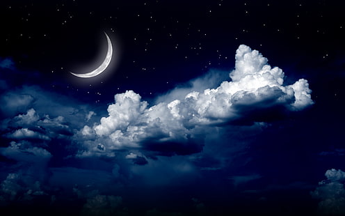 звёзды, космос, галактика, облака, луна, ночь, HD обои HD wallpaper