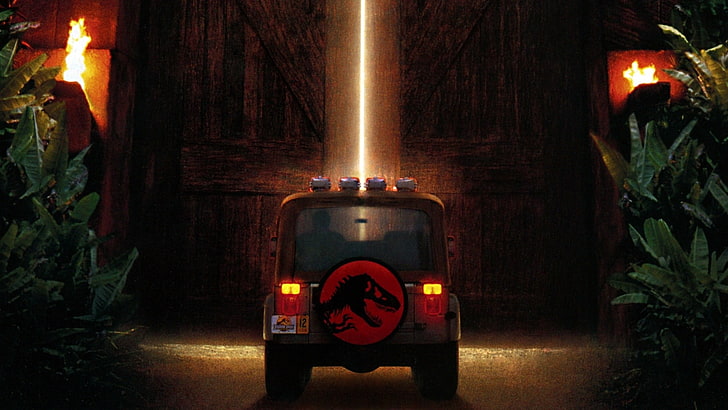 red and black vehicle, Jurassic Park, movies, dinosaurs, HD wallpaper