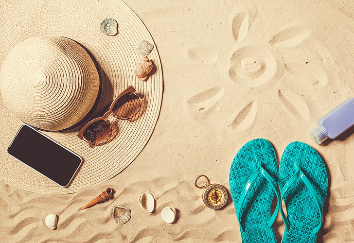 пясък, море, плаж, слънце, шапка, очила, лято, шисти, ваканция, HD тапет