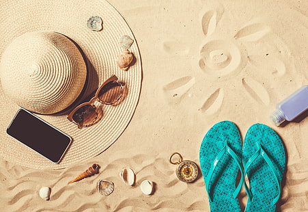 piasek, morze, plaża, słońce, kapelusz, okulary, lato, łupki, wakacje, Tapety HD HD wallpaper