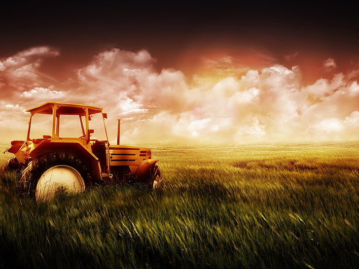 traktor oranye, traktor, seni digital, lapangan, langit, awan, kendaraan, Wallpaper HD