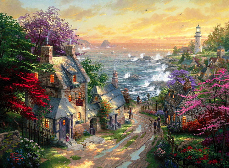 illustrazione di casa, strada, mare, faro, casa, villaggio, pozzanghere, pittura, Thomas Kinkade, cottage, The Village Lighthouse, Sfondo HD