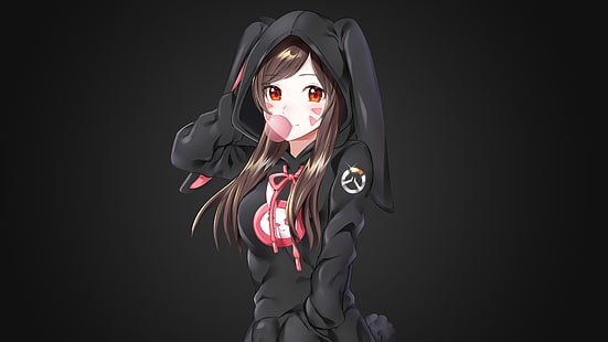 mulher de anime vestindo ilustração de traje de coelho preto, anime, garotas de anime, Overwatch, D.Va (Overwatch), orelhas de animais, morena, chiclete, orelhas de coelho, cabelos longos, olhos vermelhos, cauda, HD papel de parede HD wallpaper