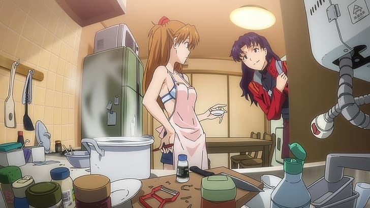 Katsuragi Misato, Asuka Langley Soryu, Evangelion Anima, kitchen, HD wallpaper