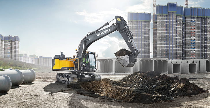 terra, costruzione, Volvo, escavatore, benna, terra, attrezzatura da costruzione, Volvo EC160e, Sfondo HD