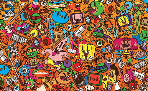 Patrick Star, Nickelodeon, SpongeBob, SquarePants, caricature, cartoons, Colorful, patrick star, nickelodeon, spongebob, squarepants, caricature, colorful, HD wallpaper HD wallpaper