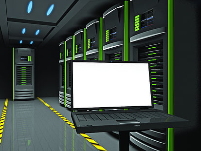 black laptop computer, laptop, management, server, administration, 3d graphics, HD wallpaper HD wallpaper