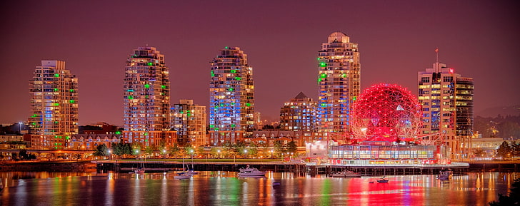 building, yachts, Canada, panorama, Vancouver, night city, British Columbia, promenade, Bay Burrard, Burrard Inlet, HD wallpaper